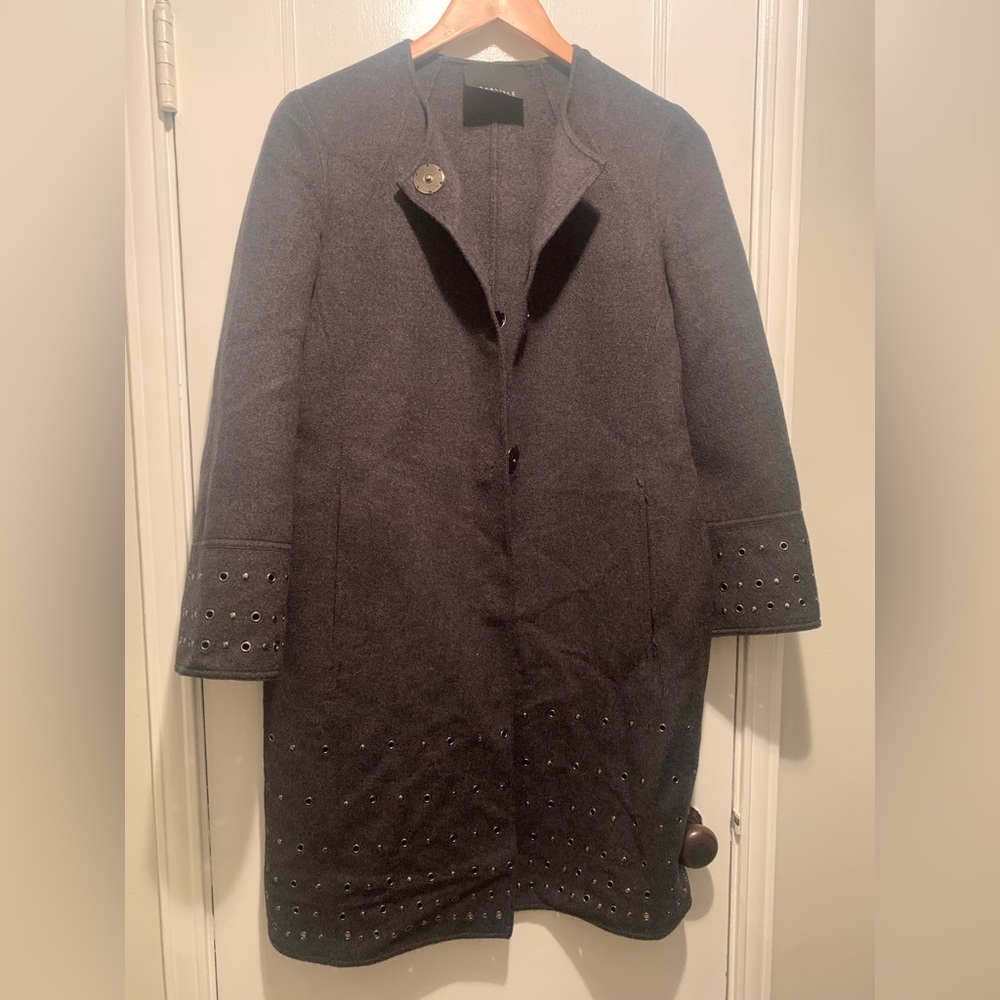 Carlisle Wool Angora Charcoal Grey Coat Grommet Detail Quiet Luxury Old Money
